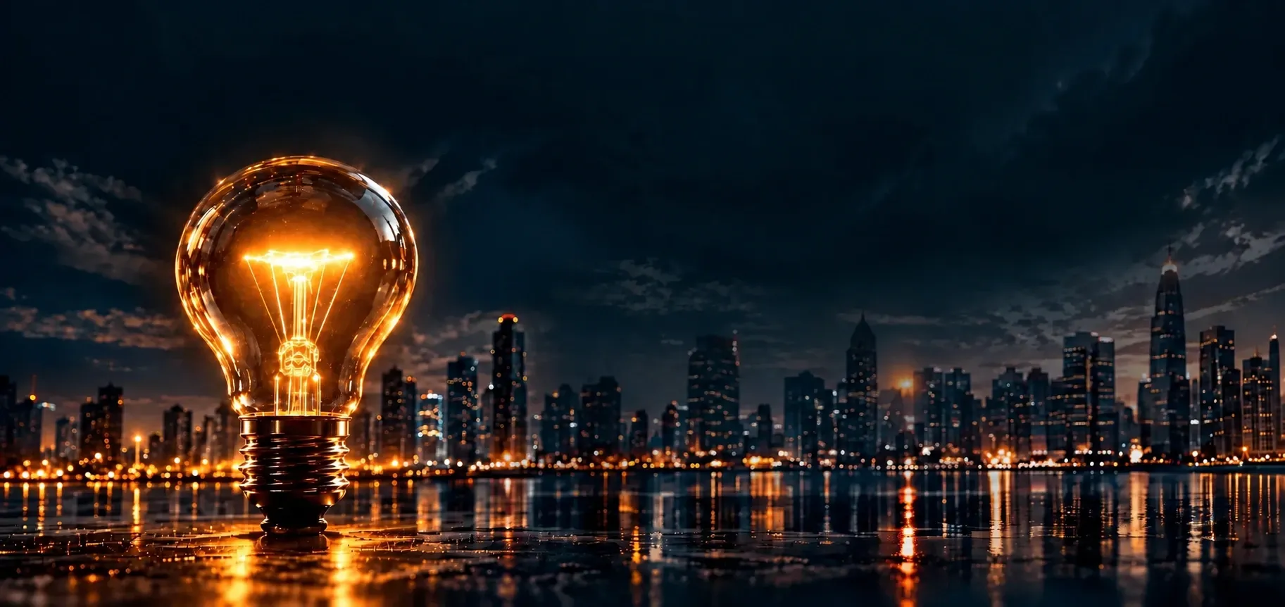 Glowing light bulb over a nighttime cityscape - KickOffs business ideas and domains